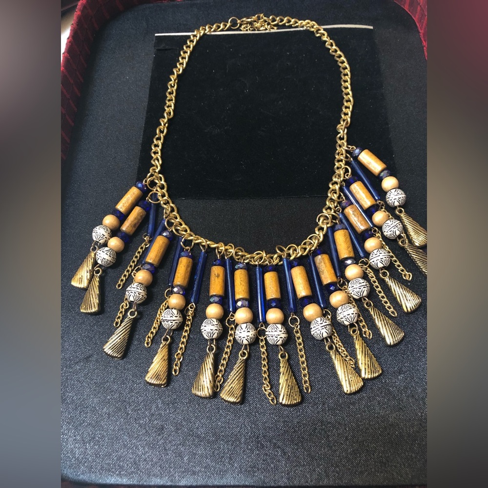 Gold tone wooden bead necklace